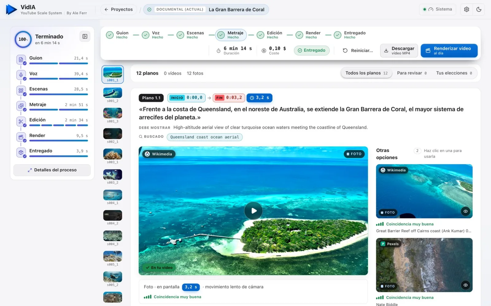 Pantalla de metraje de VidIA: el plano elegido de Wikimedia y otras opciones con su coincidencia