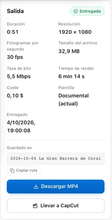 Panel de salida de VidIA: documental de 0:51 hecho en 6 minutos y 14 segundos por 0,10 $, con los botones Descargar MP4 y Llevar a CapCut